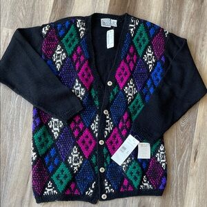 Russ Black and Multicolor Diamond Knit Sweater Vintage Deadstock